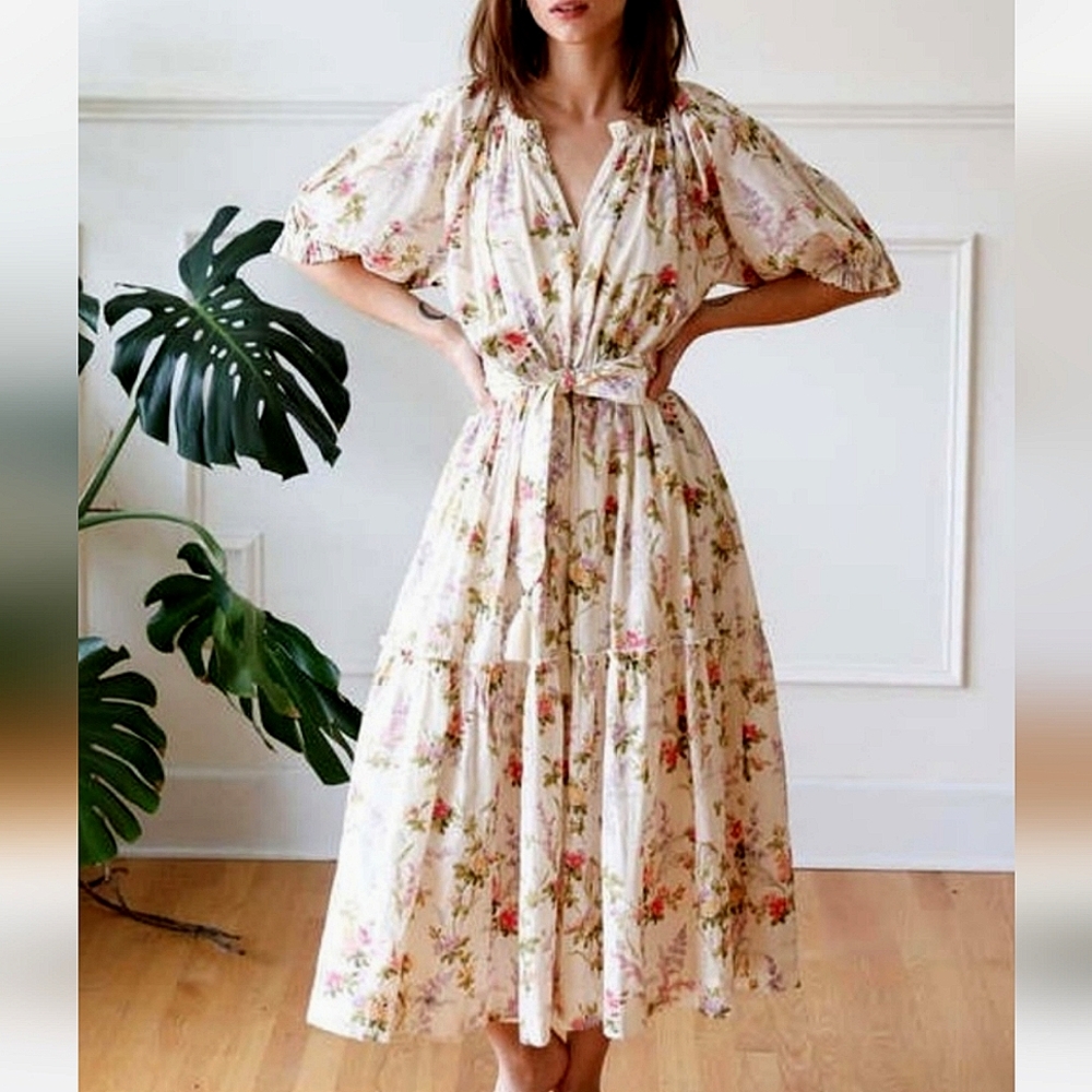 Mille Resort & Travel Floral Puff Sleeve Zoe Trianon Midi Dress Cottagecore MD - Picture 3 of 14